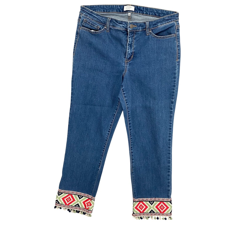 Crown & Ivy Womens Size 14 Blue Denim Cropped Jeans Embroidered Pom Pom Hem